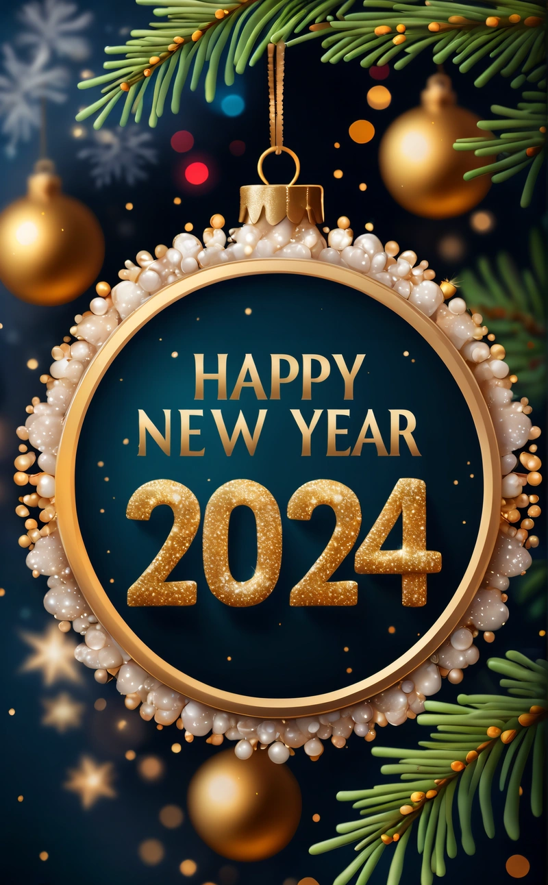 A happy New Year card with a Christmas ornament and a fir tree branch in the background with a gold and white ornament, future, a digital rendering, futurism