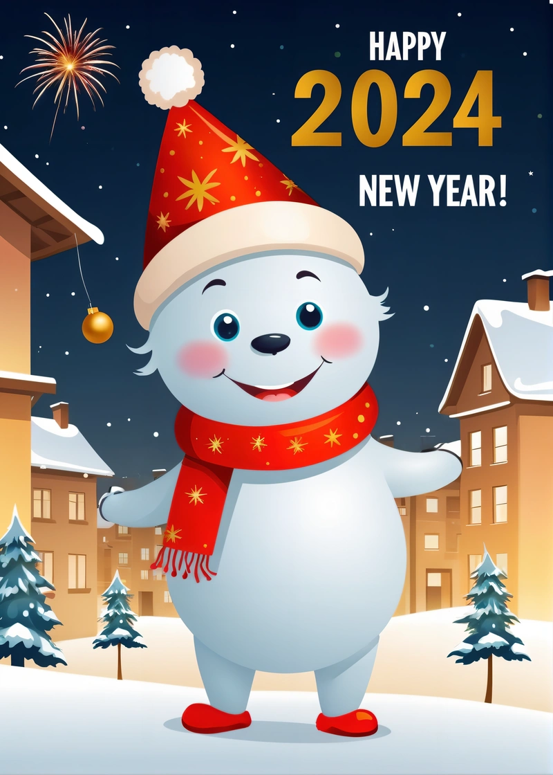 A happy New Year card with a snowman in a santa hat and scarf and a red scarf around his neck and a snowman on the right side of the card, promotional image, a digital rendering, futurism