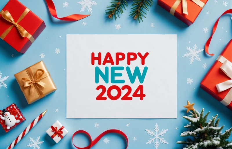 A happy New Year card surrounded by presents and Christmas trees on a blue background with snowflakes and ribbons and a Christmas tree with a bow, promotional image, a digital rendering, futurism