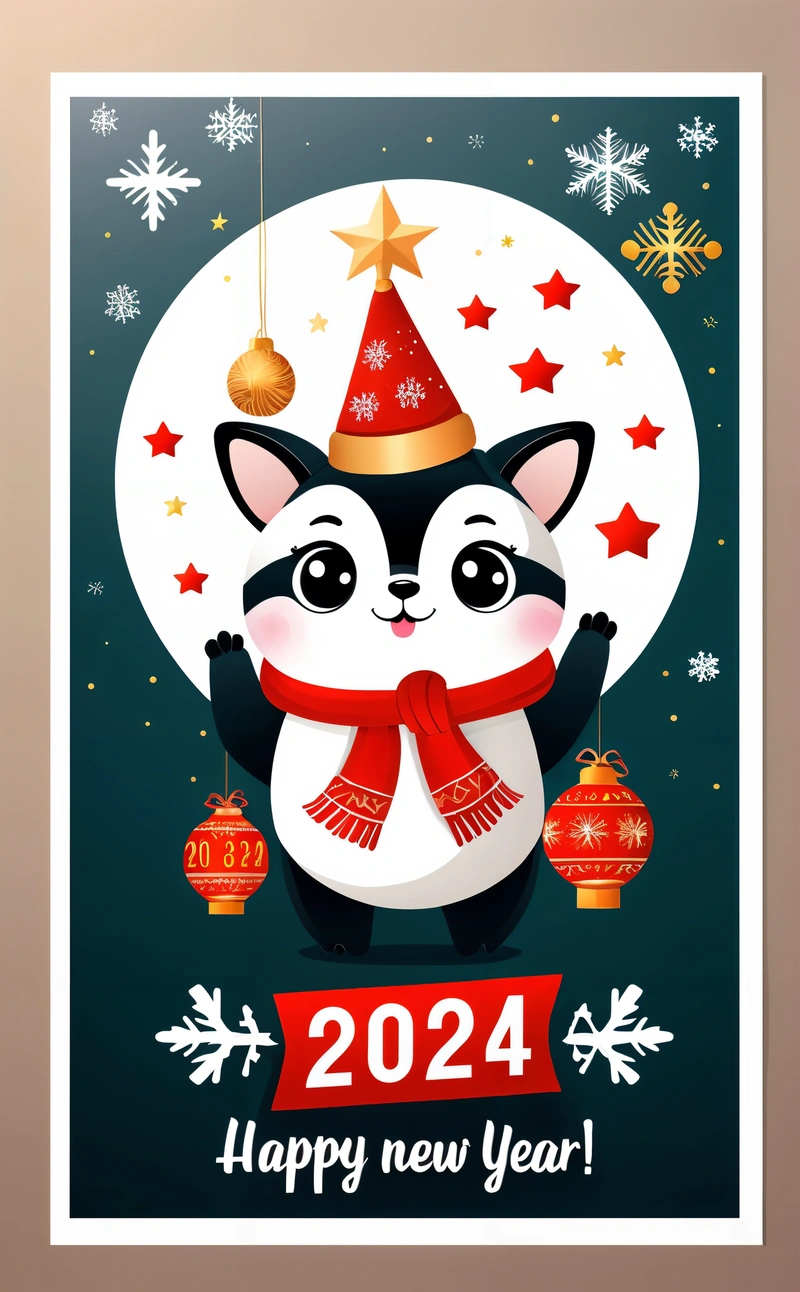 A card with a cartoon cat wearing a hat and scarf and a red ribbon around its neck, with a happy New Year message below, poster, a poster, futurism