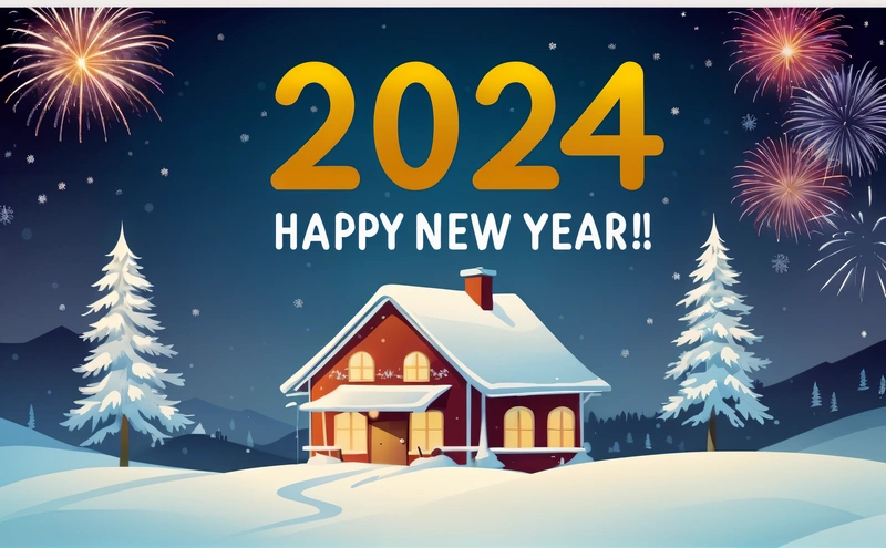 A house with a happy New Year message in front of a snowy landscape with fireworks and trees in the background, with a happy New Year message written in, future, a digital rendering, futurism