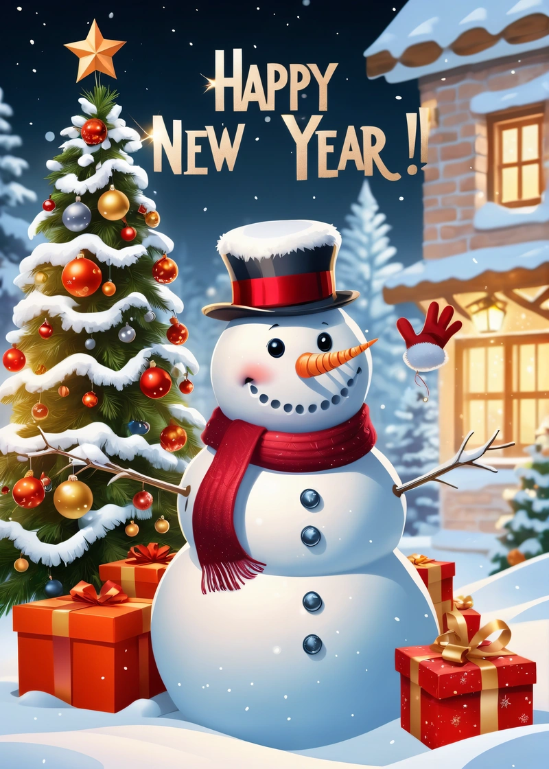 A snowman with a hat and scarf next to a Christmas tree and presents under a snow covered sky with stars and a happy New Year, behance hd, a digital rendering, naive art