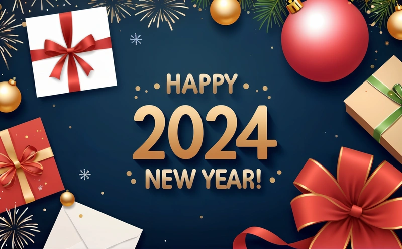 A happy New Year with presents and presents on a blue background with a happy New Year message in gold lettering and a red bow and, iso 200, a digital rendering, futurism