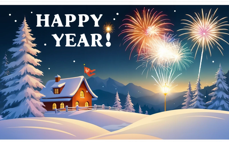 A happy New Year greeting card with a house and fireworks in the snow and a snowy landscape with trees and a house with a flag, professional digital art, computer graphics, naive art