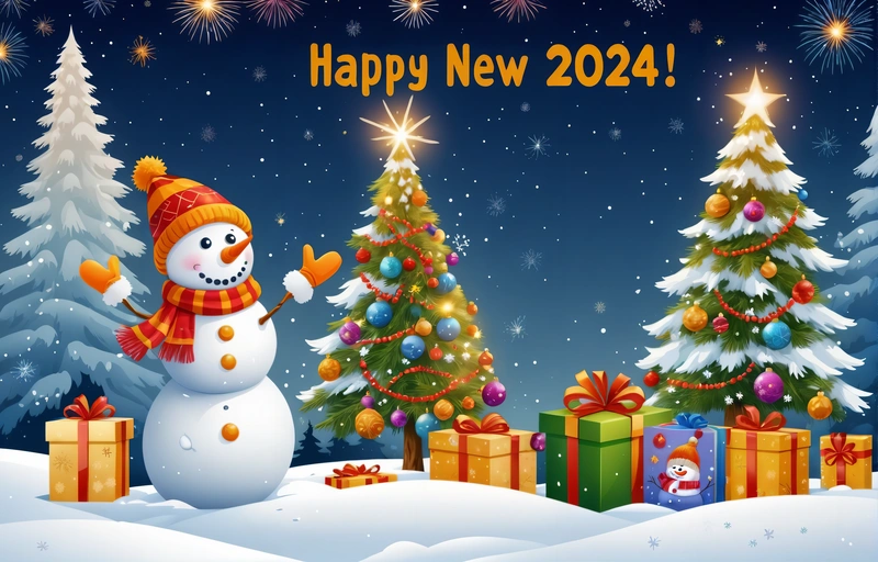 A snowman with a hat and scarf next to a Christmas tree with presents under it and fireworks in the sky above it, and a snowy landscape with snow, future, a digital rendering, computer art