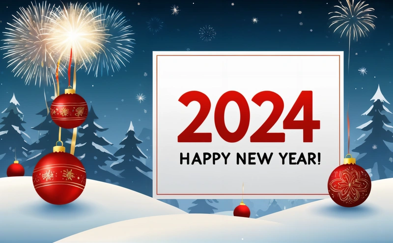 A happy New Year card with fireworks and ornaments in the snow with a holiday message below it that reads,'happy New Year ', iso 200, a digital rendering, futurism