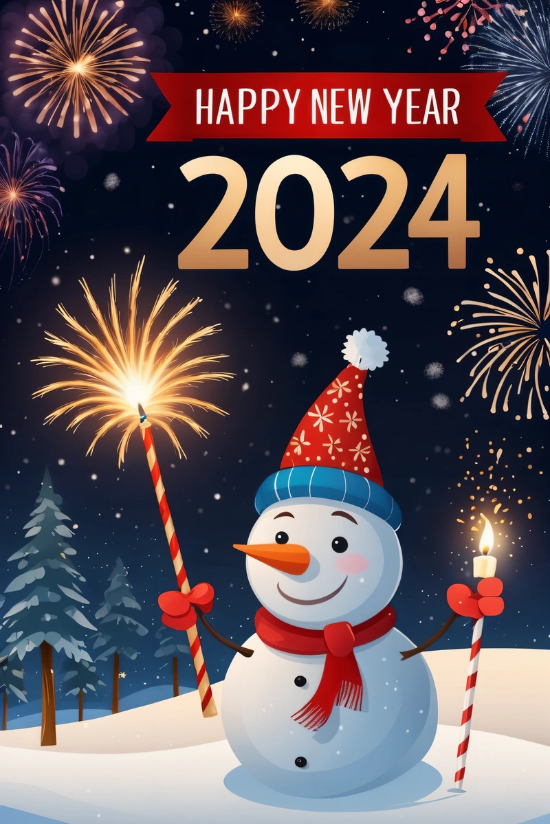 A snowman holding a lit candle and a red ribbon with a happy New Year message on it, in the background is a fireworks display of a snowy night sky, future, a digital rendering, futurism