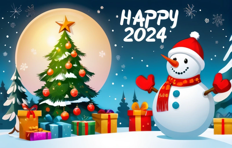 A snowman with a red hat and scarf next to a Christmas tree and presents under a full moon with a happy New Year message, future, a digital rendering, naive art