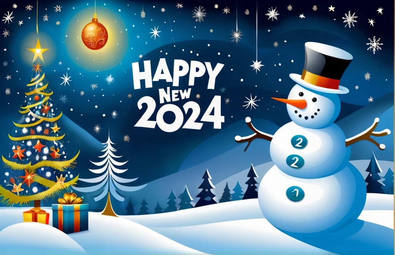 A snowman with a top hat and a Christmas tree in the background with a happy New Year message on it's side and a gift box, promotional image, a digital rendering, net art