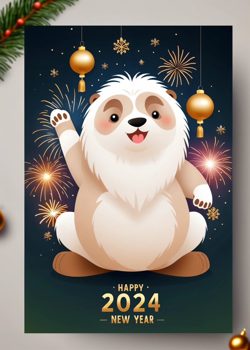 A happy New Year card with a cute cartoon animal sitting on the ground and fireworks in the background, with a Christmas tree branch and decorations, digital illustration, vector art, lyco art