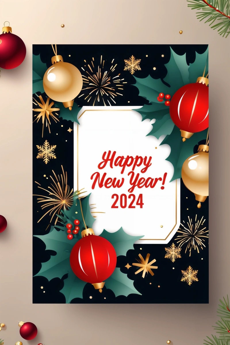 A Christmas card with a holiday decoration and a happy New Year message on it, surrounded by Christmas decorations and a pine tree branch with a, colorful flat surreal design, a digital rendering, futurism