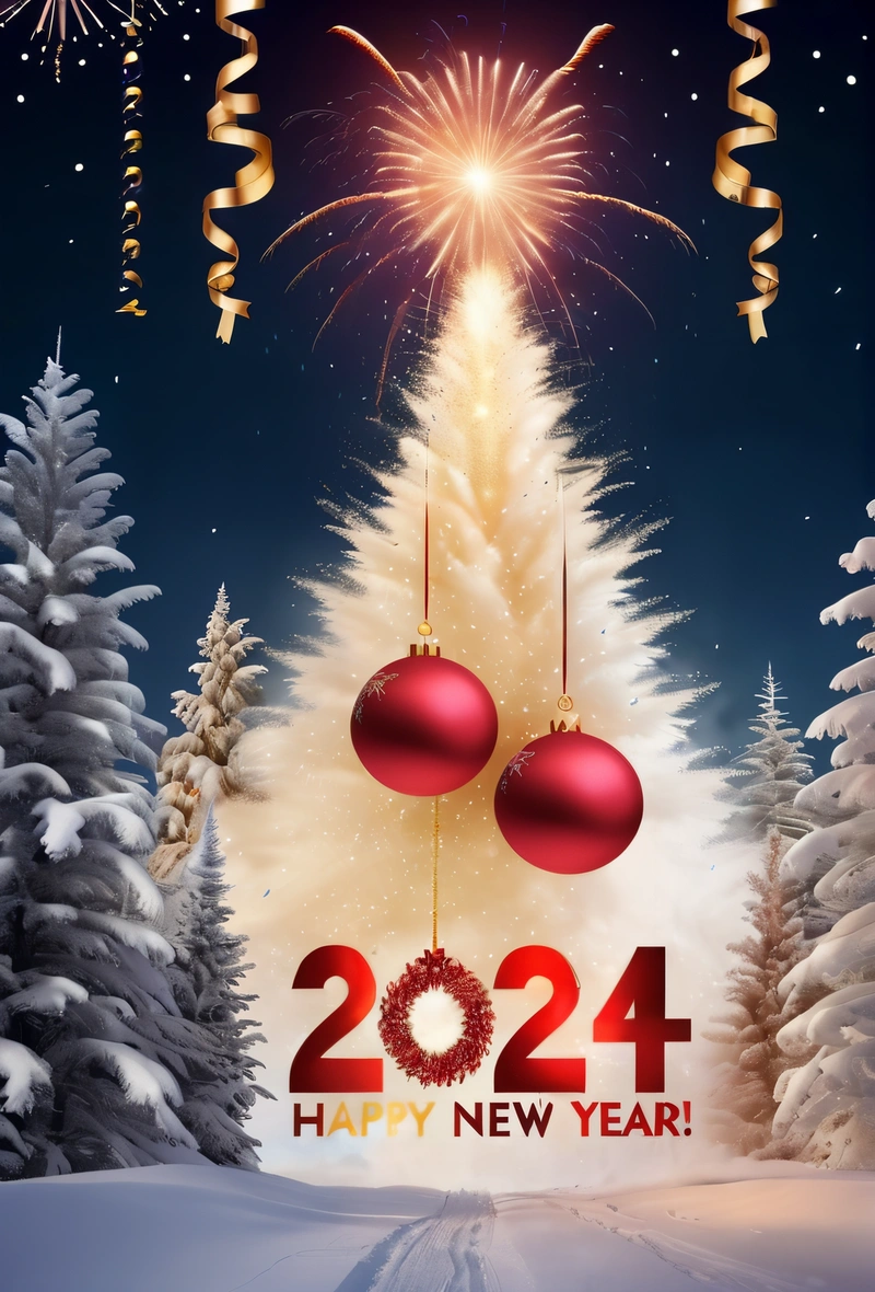 A Christmas tree with two red balls and fireworks in the sky above it is a snowy landscape with pine trees and a sky with a sky with a few stars, poster, a poster, futurism