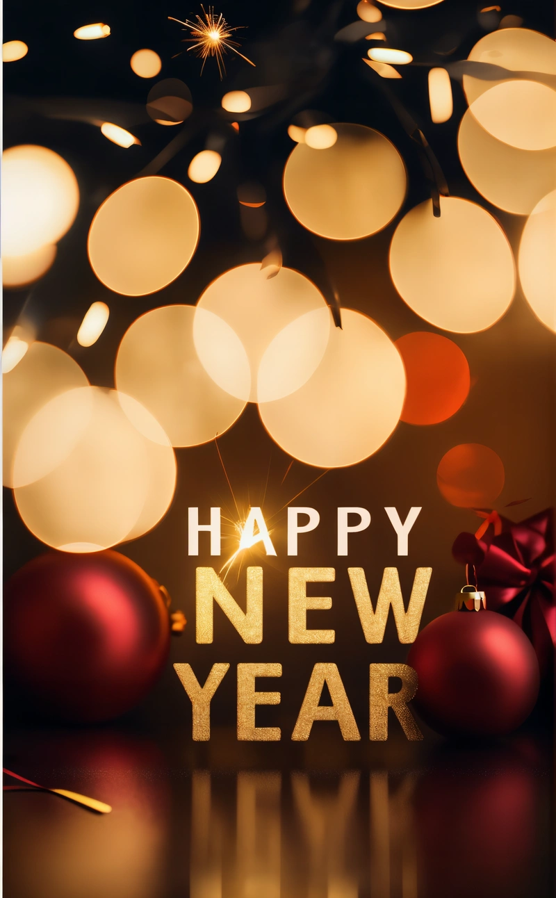 A happy New Year card with a red bow and Christmas ornaments on a table with lights in the background and a happy New Year message, dark background, a poster, american barbizon school