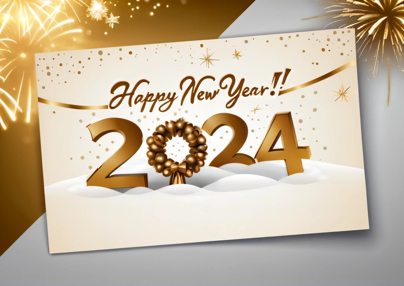 A happy New Year card with a wreath and fireworks in the background of a snowy landscape with a happy New Year message below it,, future, a digital rendering, futurism