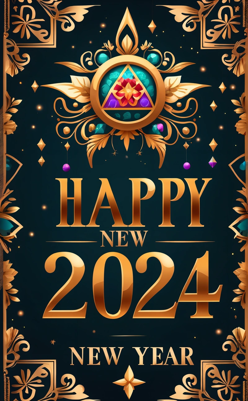 A happy New Year card with a gold frame and a blue background with a gold frame and a red and blue design with a gold border, future, a poster, futurism