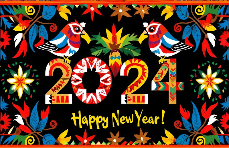 A happy New Year card with two birds on a branch and a flower design on the front of the card, with the Year 2012 written in bold red, future, a digital rendering, international typographic style