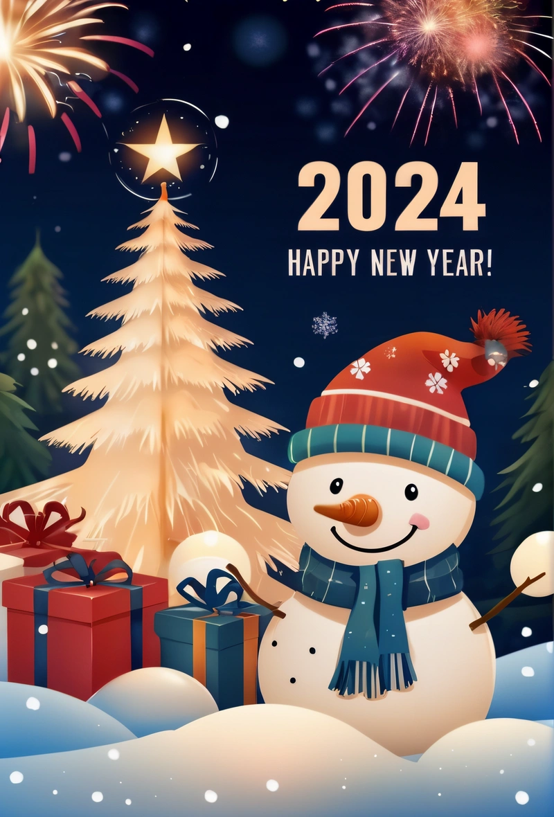 A snowman with a hat and scarf next to a Christmas tree and presents under a fireworks display with a happy New Year message in the middle, future, a digital rendering, futurism