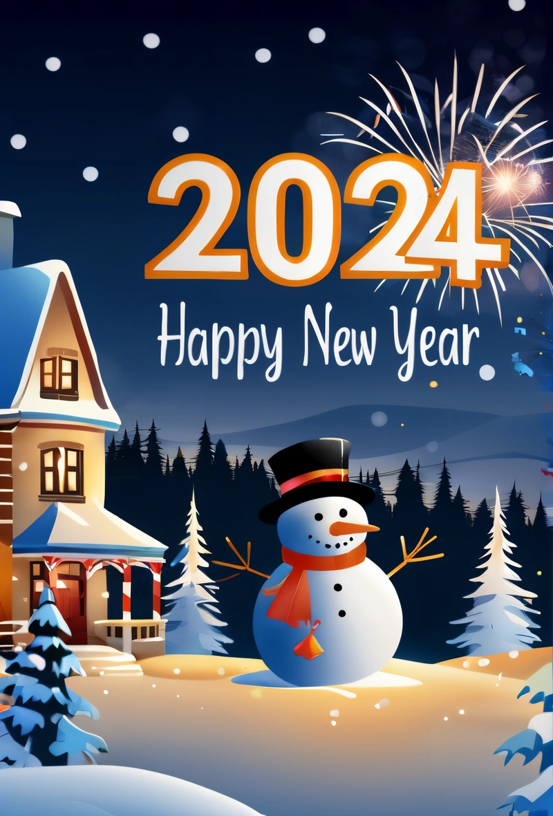 A snowman is standing in front of a house with fireworks in the sky and a happy New Year message below it that reads, 2024, future, a digital rendering, futurism