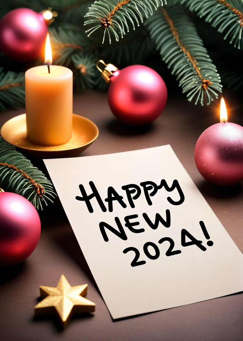 A happy New Year card next to a Christmas tree with candles and ornaments on it, with a happy New Year message written on the card, promotional image, a digital rendering, futurism