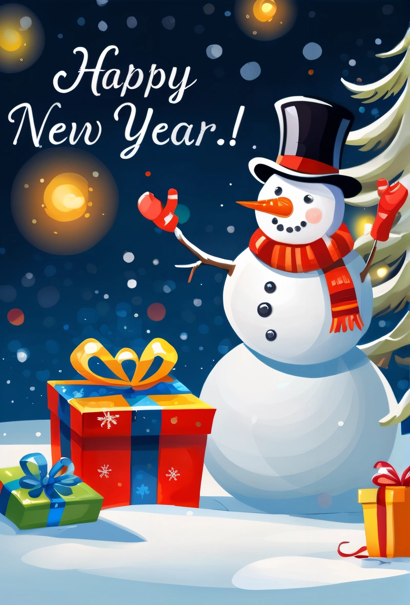 A snowman with a hat and scarf holding a gift box and a Christmas tree with a New Year message on it, in the snow, 4 k hd wallpaper, a digital rendering, naive art