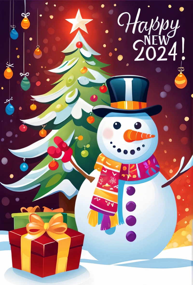 A snowman with a hat and scarf next to a Christmas tree with presents under it and a star on top of it, with a happy New Year 2012 written in the middle, future, a digital rendering, naive art