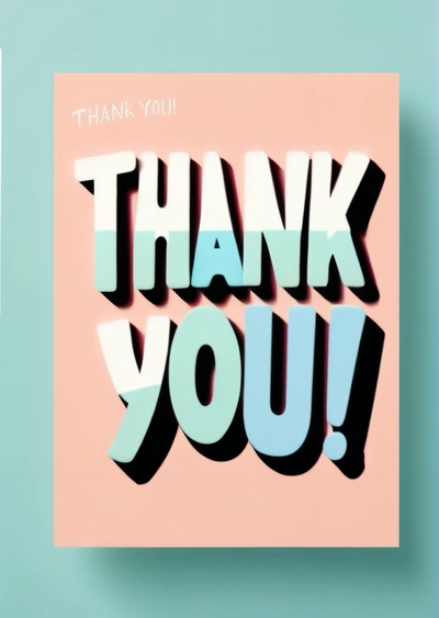 A thank card with the words thank you in bold colors on a pastel background with a black and white outline and a pink and blue border, smooth and clean vector curves, a 3d render, international typographic style