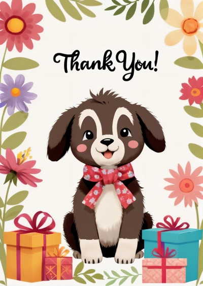 A dog with a bow sitting in front of a bunch of presents with the words thank you on it's side and a flower border, u, a cross stitch, naive art