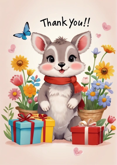 A card with a picture of a little bunny with a red scarf and a gift box in front of it and a butterfly on the back, u, vector art, furry art