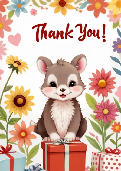 A card with a picture of a baby raccoon on it and a thank you message in the background with flowers and gifts around it, u, a poster, furry art