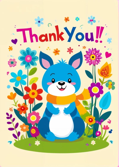 A blue bear with flowers and a thank you card in the background with a thank you message in the center of the card is a, p, a child's drawing, naive art