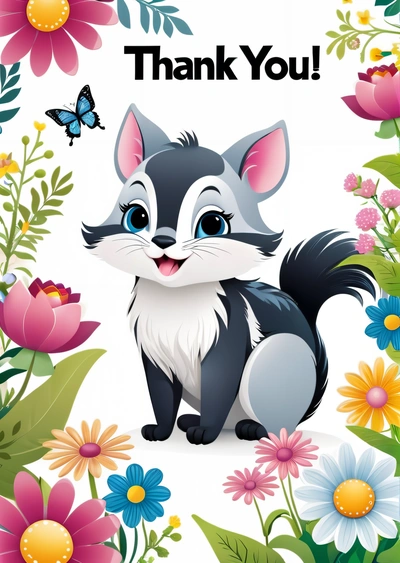 A cute little animal with a thank card in the background of flowers and butterflies, with a butterfly on the top of the card, and a thank you, cheerful, a character portrait, furry art