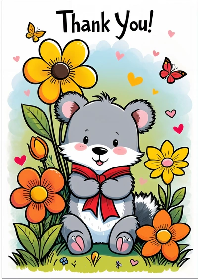 A card with a bear and flowers on it, with the words thank you written in the center of the card and a butterfly flying above it, cute and funny, a storybook illustration, furry art