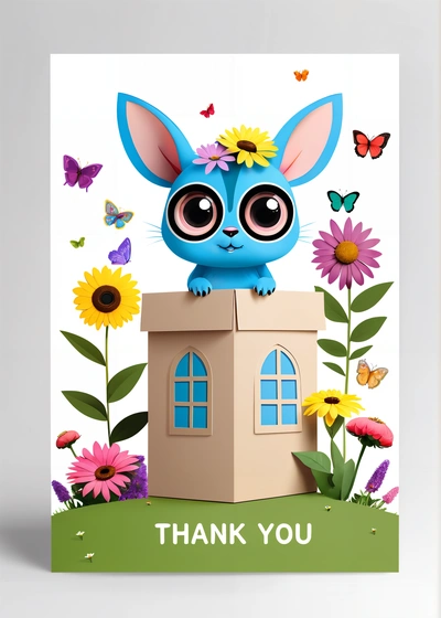 A card with a blue bunny sitting on top of a box with flowers and butterflies around it, and the words thank you written on the card, professional digital painting, a digital rendering, mail art