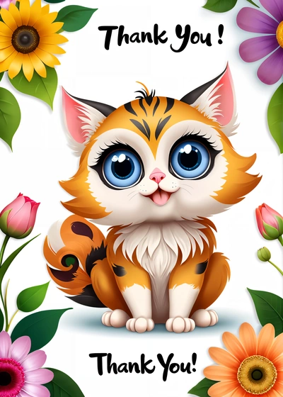 A cute little cat with big blue eyes sitting in front of flowers and a thank you card with the words thank you on it's front, cute and funny, a character portrait, furry art