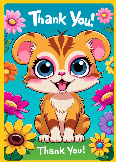 A cartoon animal with a thank you card in front of a blue background with flowers and a yellow border with the words thank you on it, trending on furaffinity, vector art, furry art