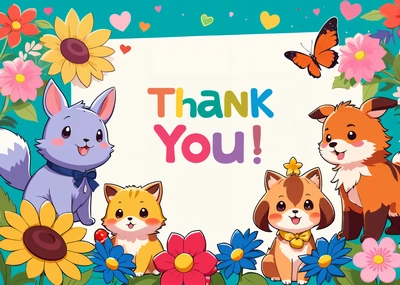 A thank card with a group of animals and flowers on it with a butterfly and a butterfly on the back of the card, and a thank you sign, furaffinity, computer graphics, furry art