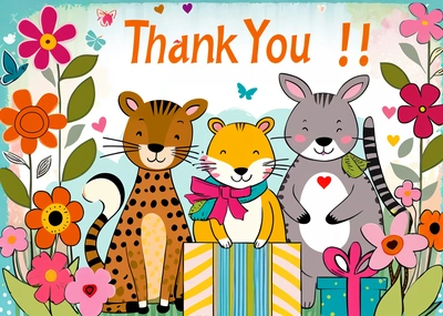 A thank you card with three cats and a cat holding a gift box with a butterfly on it and a flower border with butterflies and flowers, furaffinity, a storybook illustration, naive art