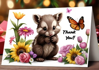 A card with a picture of a baby raccoon and flowers on it, with a butterfly on the back of the card, and a thank you message, professional digital painting, an airbrush painting, furry art