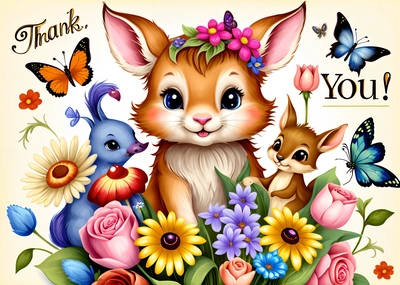 A card with a picture of a baby fox surrounded by flowers and butterflies with a thank you message in the middle of the card reads thank you, highly detailed digital painting, computer graphics, naive art