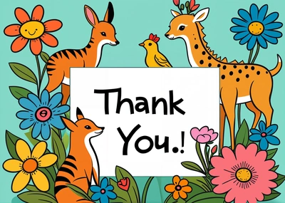 A thank card with a picture of a deer and a baby deer in a field of flowers and daisies with a sign that says thank you, furaffinity, a storybook illustration, naive art