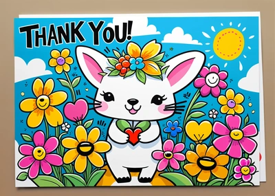 A card with a picture of a bunny holding a heart in a field of flowers with the words thank you on it, and a sun in the background, trending on art station, a pop art painting, naive art