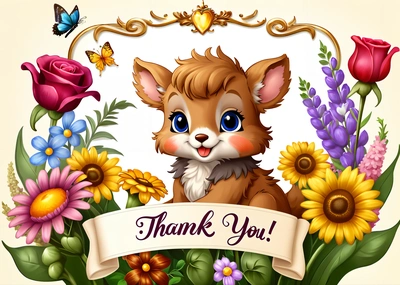 A thank you card with a cute little fox surrounded by flowers and butterflies with a banner in the middle of the card that says thank you, behance hd, computer graphics, furry art