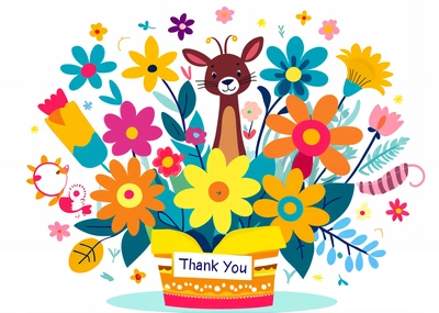 A bouquet of flowers with a deer on it's head and a thank you card in the middle of the bouquet with a deer, behance hd, a storybook illustration, naive art