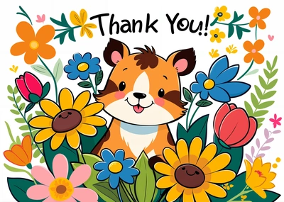 A card with a picture of a dog surrounded by flowers and leaves with the words thank you on it in a white background with a border of flowers, u, a child's drawing, furry art