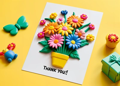 A card with a bouquet of flowers and a gift box on a yellow background with a thank you message on it and a green box, behance hd, a 3d render, naive art