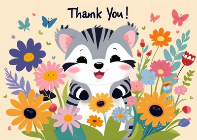 A card with a raccoon surrounded by flowers and butterflies with a thank you message in the middle of the card reads, thank you, behance hd, vector art, furry art