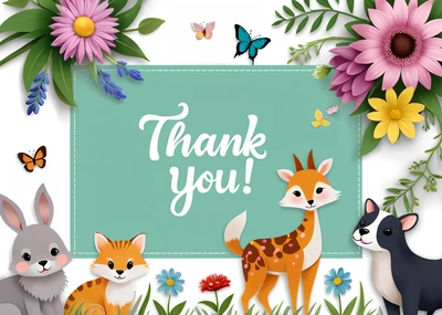 A thank card with a picture of a fox, deer, and other animals in a field of flowers and butterflies with a butterfly and a butterfly, animal photography, vector art, furry art