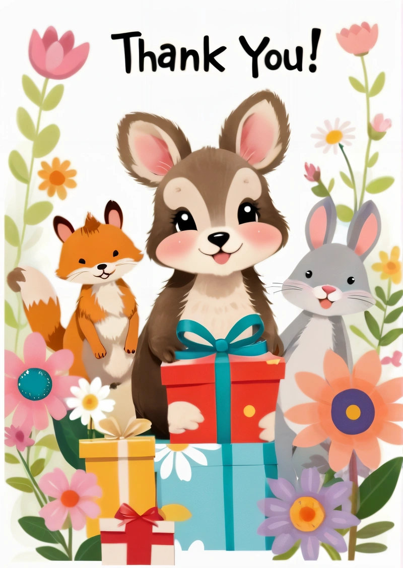 A card with a picture of a mouse and other animals holding a gift box with the words thank you on it and a floral border, storybook illustration, a storybook illustration, furry art