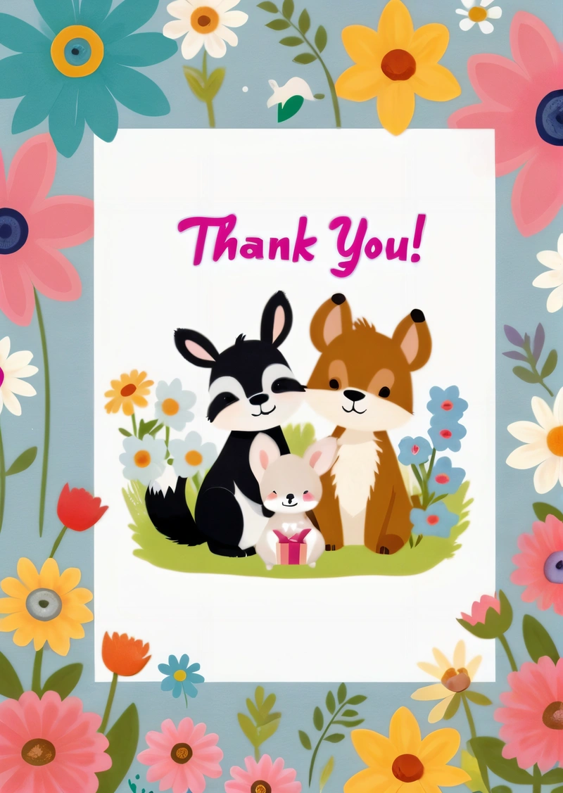 A thank card with a picture of two animals and a baby rabbit in a field of flowers and daisies with the words thank you, vignette, a storybook illustration, naive art