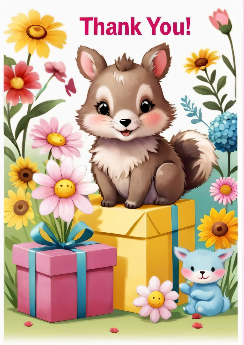 A card with a picture of a baby fox and a gift box with a thank you message on it and a flower border around it, highly detailed digital painting, a storybook illustration, naive art